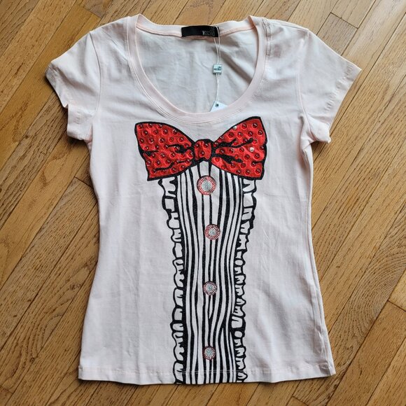 Love Moschino Red Gem Tuxedo Sparkle Graphic Fitted T-shirt Pink - Picture 1 of 12